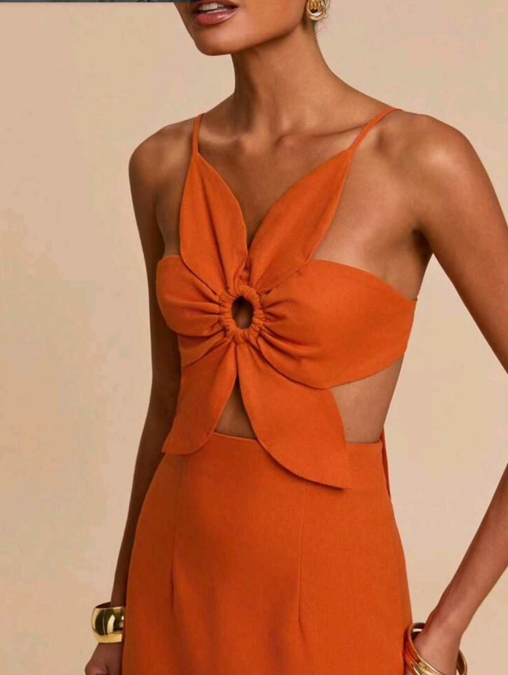 Orange Floral Knot Cutout Midi Dress